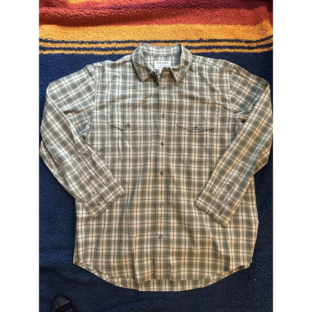 Men's All Cotton FILSON Button Down Plaid Shirt Olive Sage Size Large L VINTAGE